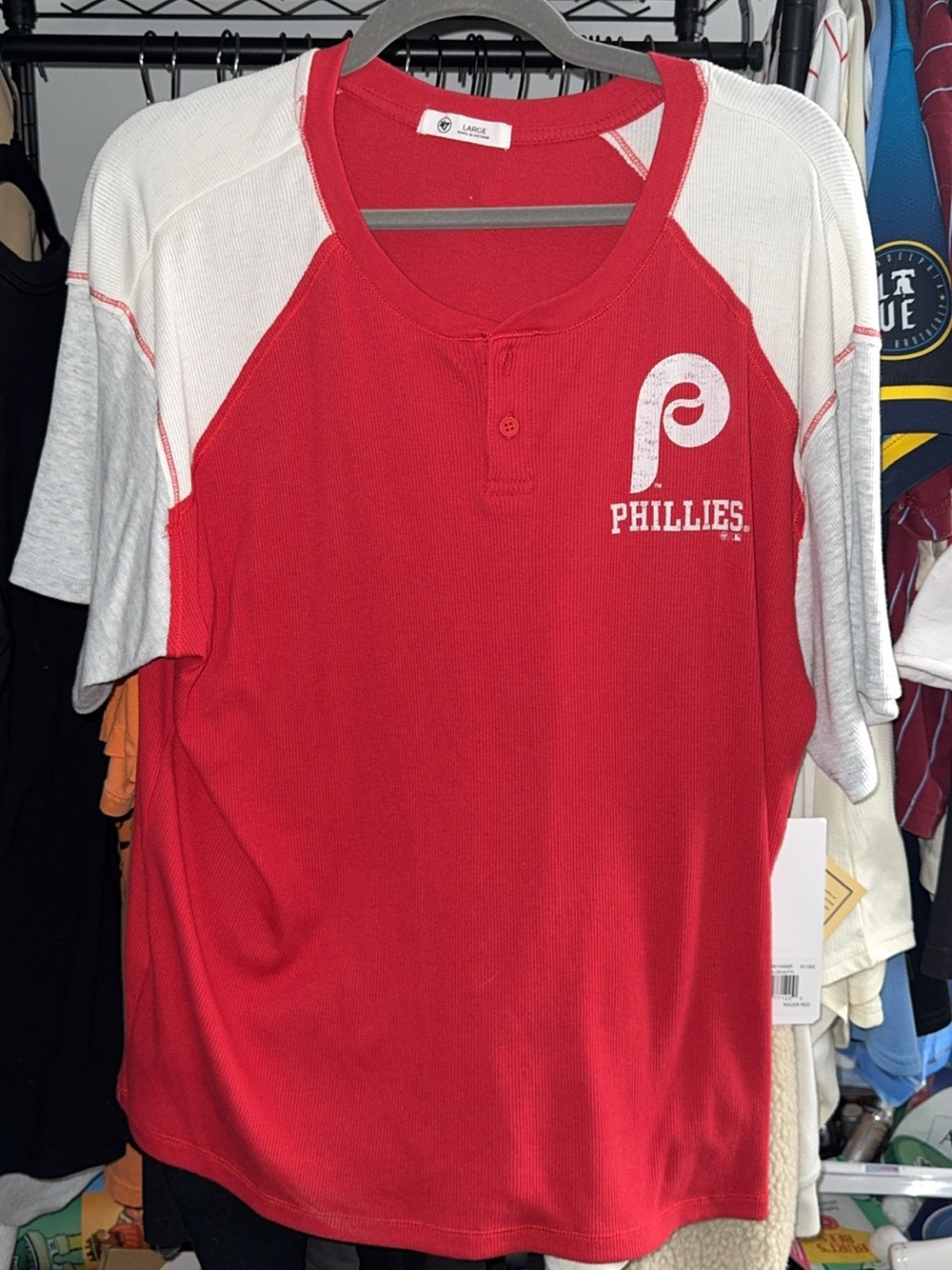NWT Philadelphia Phillies Red & White Baseball Henley